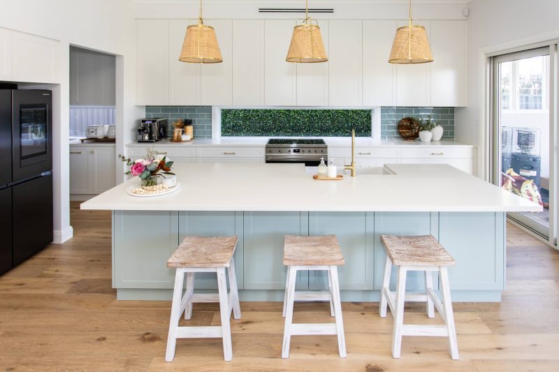 green kitchen shaker doors white stone bench knock down rebuild luxury kitchen design tips