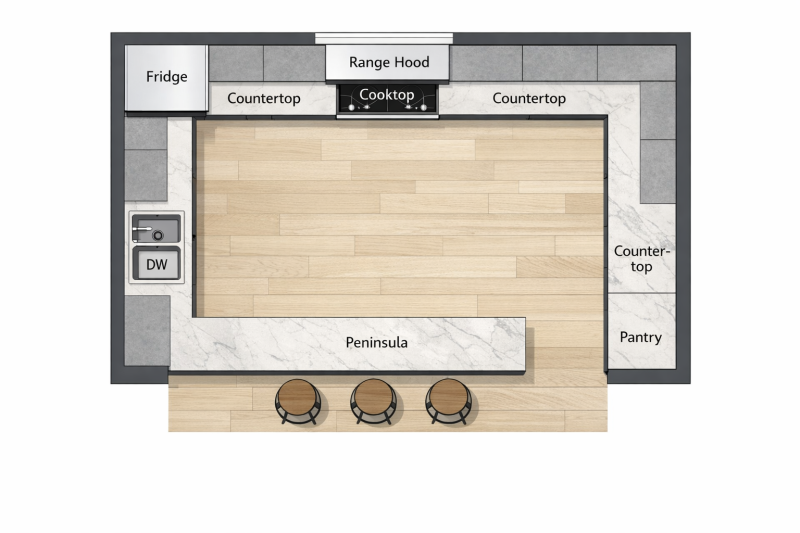 AI interior design peninsula kitchen layout