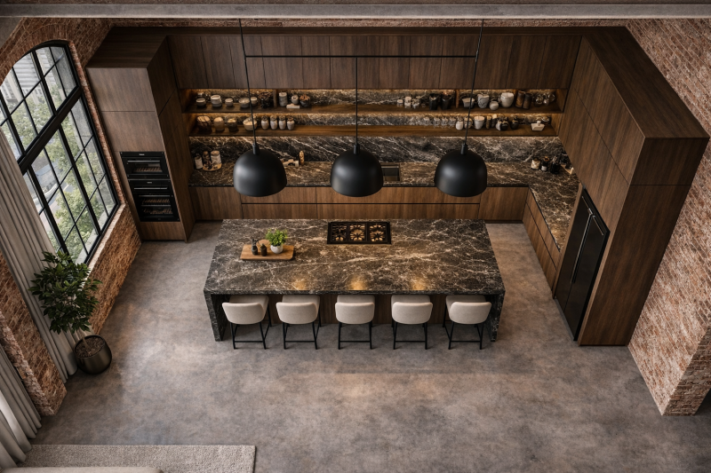 AI design of a luxury contemporary loft style kitchen with timber and natural stone